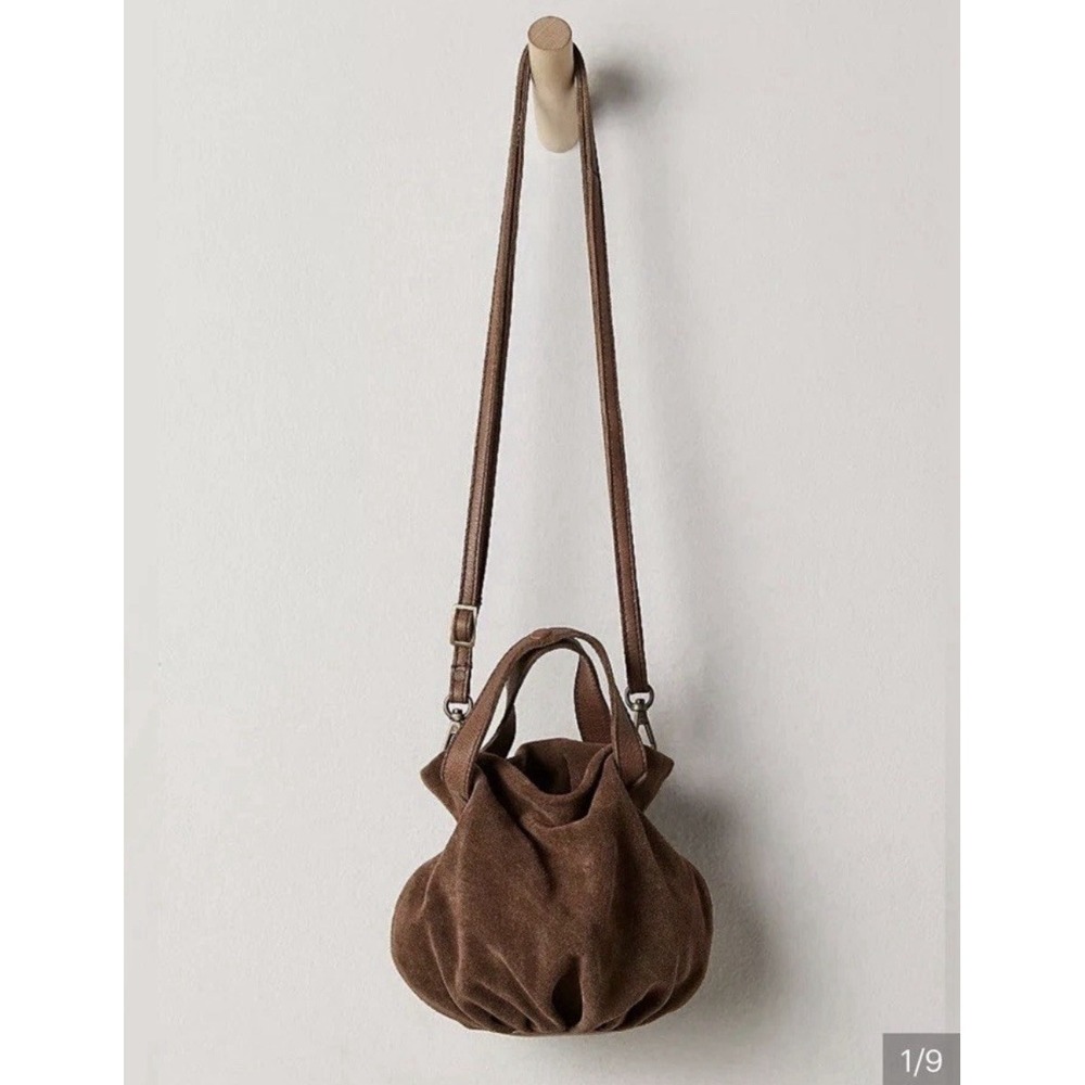NWT Free People Brown Solid Suki Mini Tote Crossbody Top Handle Drawstring Brass